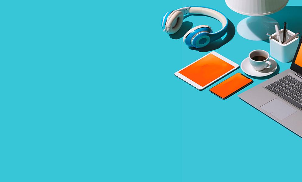 Blue background with desktop materials